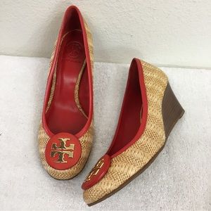 Tory Burch Sally Raffia Straw Natural Red Leather Logo Wedge Heel Shoe Size 9.5